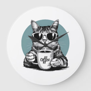 Reloj Redondo Grande Mañanas de gato genial � Café, gafas de sol y acti