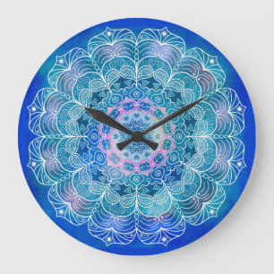Reloj Redondo Grande Mandala 12 Azul Verde azulado sobre fondo azul -