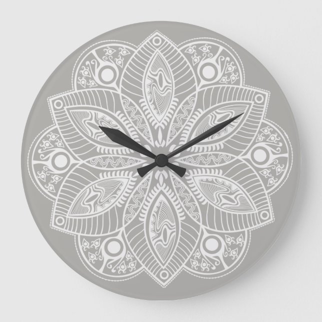 Reloj Redondo Grande Mandala blanca exótica con fondo gris (Anverso)