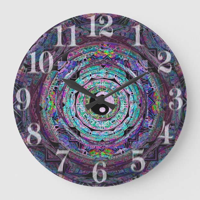 Reloj Redondo Grande Mandala de Yin Yang en colores púrpuras (Anverso)