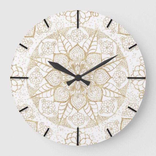 Reloj Redondo Grande Mandala dorada dibujada a mano con estilo (Anverso)