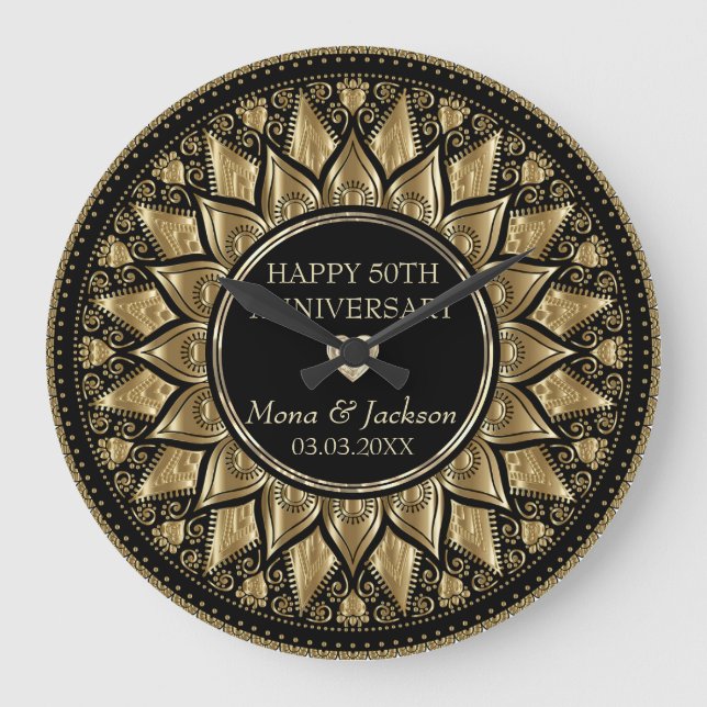 Reloj Redondo Grande Mandala Dorada Y Floral Negra (Anverso)