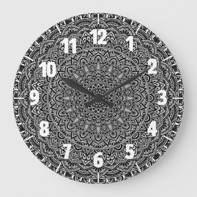 Reloj Redondo Grande Mandala en blanco y negro (Anverso)