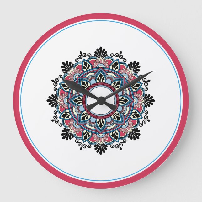 Reloj Redondo Grande Mándala en rosa y azul (Anverso)