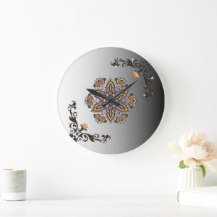 Reloj Redondo Grande Mandalá Flor Celestial Oro Negro