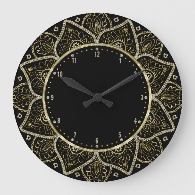 Reloj Redondo Grande Mandala floral del oro en negro (Anverso)