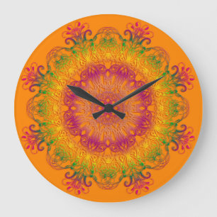 Reloj Redondo Grande Mandala floral étnica en fondo anaranjado
