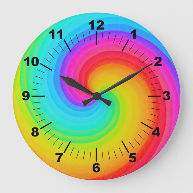 Reloj Redondo Grande Mandala geométrica en espiral arcoiris colorida (Anverso)