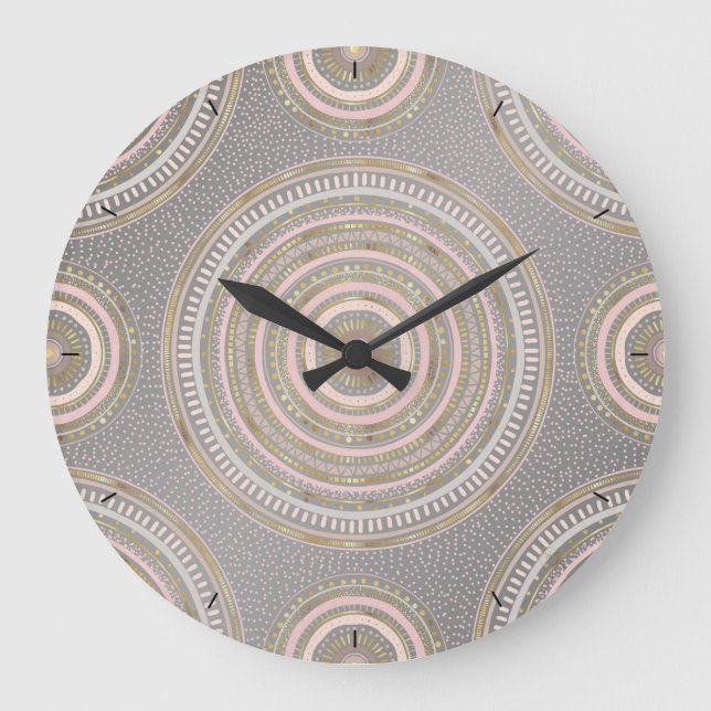 Reloj Redondo Grande Mandala geométrica moderna de oro gris (Anverso)