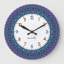 Reloj Redondo Grande Mandala Monograma Azul Verde azulado Morado Peacoc