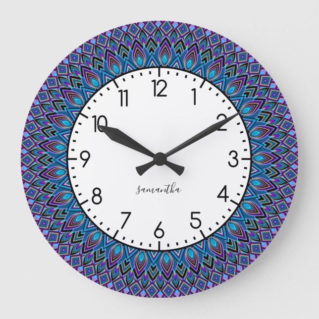 Reloj Redondo Grande Mandala Monograma Azul Verde azulado Morado Peacoc (Anverso)