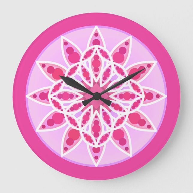 Reloj Redondo Grande Mandala pattern in pink, fuchsia and white (Anverso)