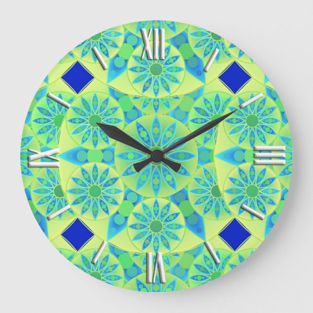 Reloj Redondo Grande Mandala pattern, turquoise, blue, lime green (Anverso)