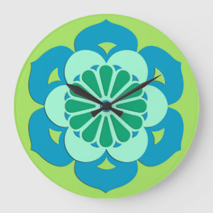 Reloj Redondo Grande Mandala, verde lima y azul claro de la flor de