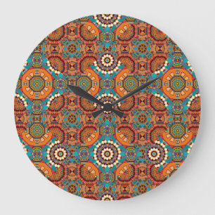 Reloj Redondo Grande Mandalas Kaleidoscope: Naranja Azul Marrón.