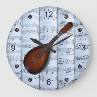 Reloj Redondo Grande Mandolin~Rolled Sheet Music~Blue Tint Background ~