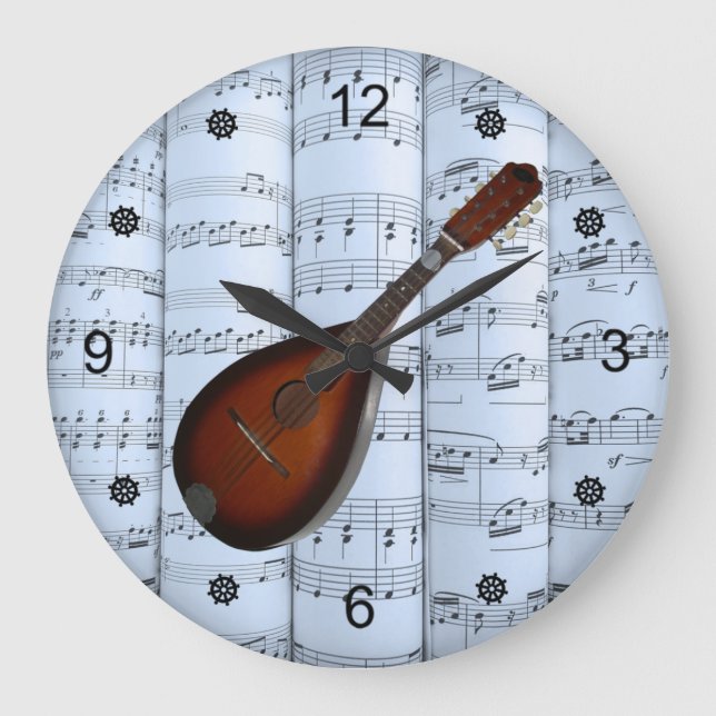 Reloj Redondo Grande Mandolin~Rolled Sheet Music~Blue Tint Background ~ (Anverso)