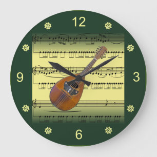 Reloj Redondo Grande Mandolin~Rolled Sheet Music~Gold/Green Background~