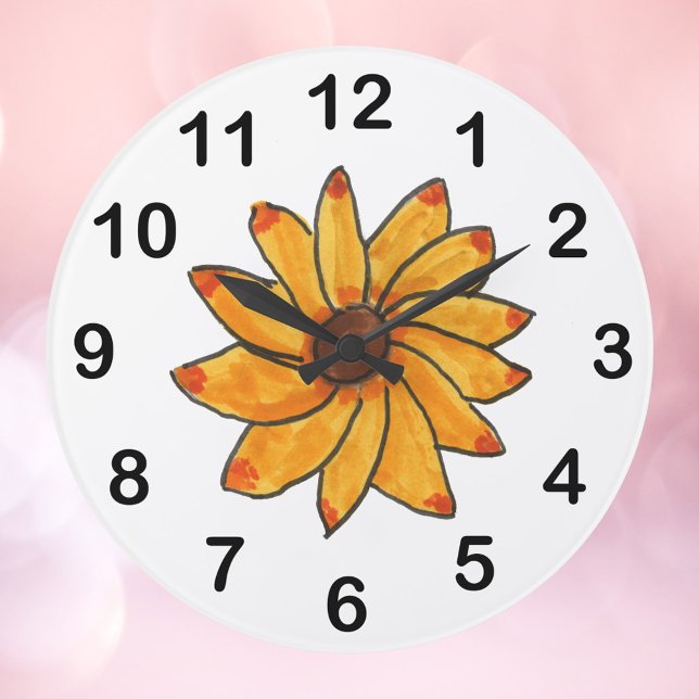 Reloj Redondo Grande Mano de girasol dibujada de amarillo (A clock with a picture of a hand drawn sunflower along with black numbers)