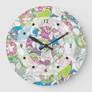 Reloj Redondo Grande Mano Dibujada Por EDDArt - Estrellas Y Corazones 1