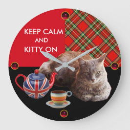 RELOJ REDONDO GRANDE MANTENGA LA CALMA Y EL KITTY EN , RED TARTAN TEA F