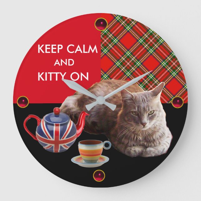 RELOJ REDONDO GRANDE MANTENGA LA CALMA Y EL KITTY EN , RED TARTAN TEA F (Anverso)
