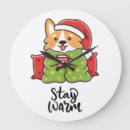 Reloj Redondo Grande Manténgase cálido Navidad Corgi Santa Hat Holiday