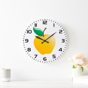 Reloj Redondo Grande Manzana Dorada Fruta Amarilla Brillante