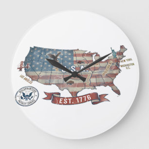 Reloj Redondo Grande Mapa Antiguo de Estados Unidos - American Patriot