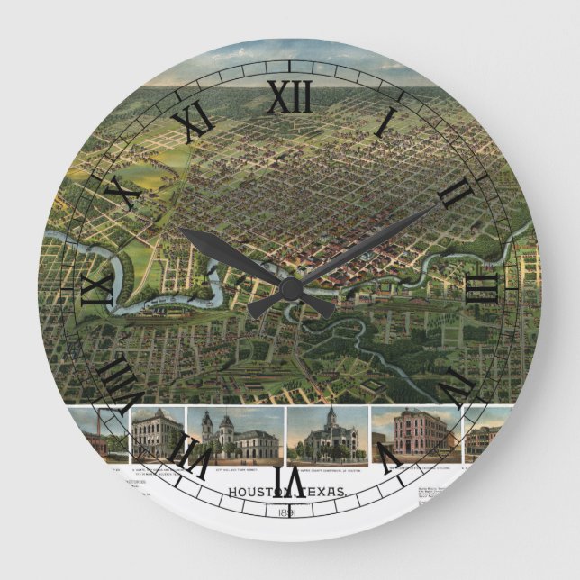 Reloj Redondo Grande Mapa antiguo de Houston, Texas con río Búfalo (Anverso)