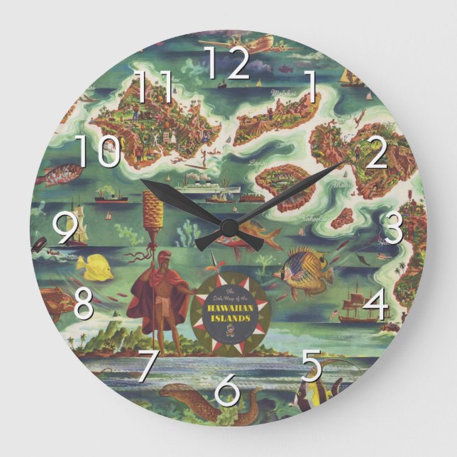 Reloj Redondo Grande Mapa de 1950 de la pintura al óleo de Hawaii Josep (Anverso)