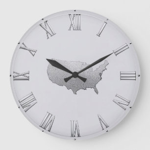 Reloj Redondo Grande Mapa de EE. UU. de plata con números romanos