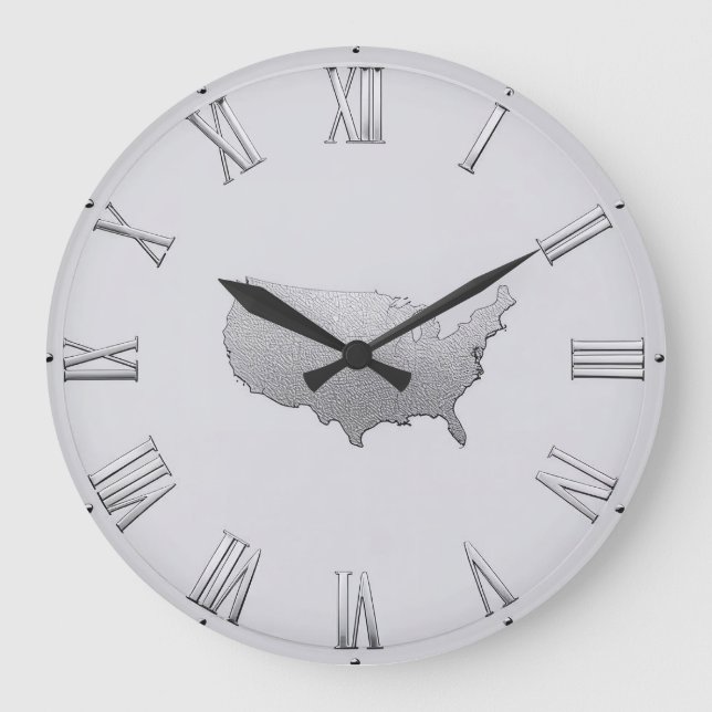 Reloj Redondo Grande Mapa de EE. UU. de plata con números romanos (Anverso)