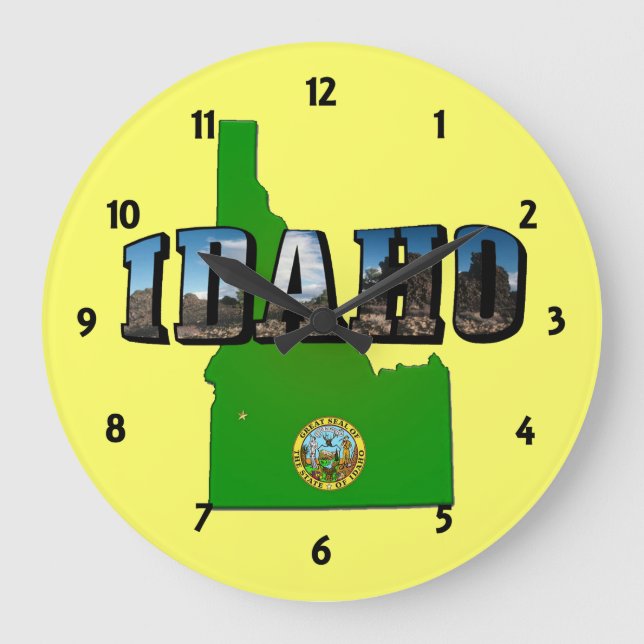 Reloj Redondo Grande Mapa de Idaho, Sello y texto de imagen (Anverso)