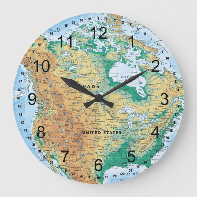 Reloj Redondo Grande Mapa de Norteamérica (Anverso)