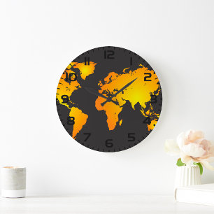 Reloj Redondo Grande Mapa del mundo brillante en Naranja y amarillo