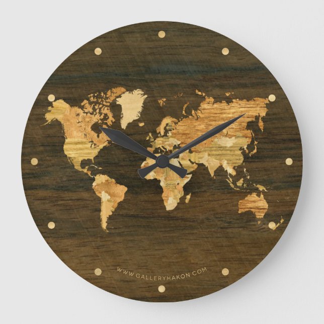 Reloj Redondo Grande Mapa del mundo de madera (Anverso)