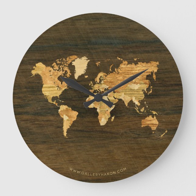Reloj Redondo Grande Mapa del mundo de madera (Anverso)