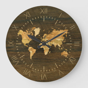 Reloj Redondo Grande Mapa del mundo de madera