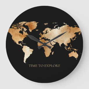 Reloj Redondo Grande Mapa del mundo en acuarela negro y dorado