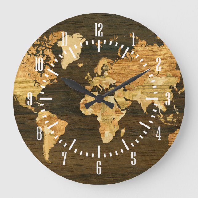 Reloj Redondo Grande Mapa mundial de madera (Anverso)
