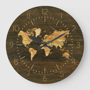 Reloj Redondo Grande Mapa mundial de madera