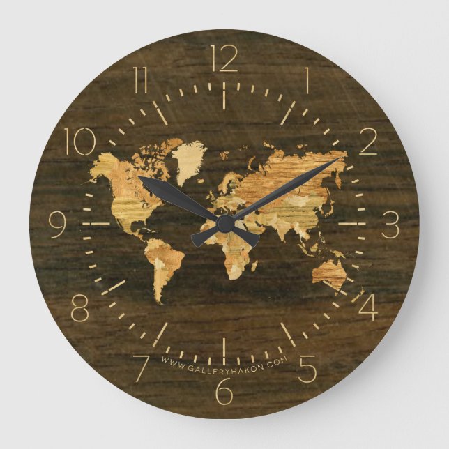 Reloj Redondo Grande Mapa mundial de madera (Anverso)