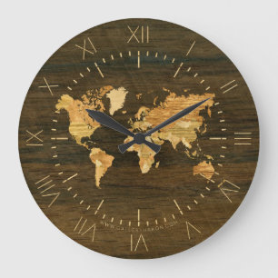 Reloj Redondo Grande Mapa mundial de madera