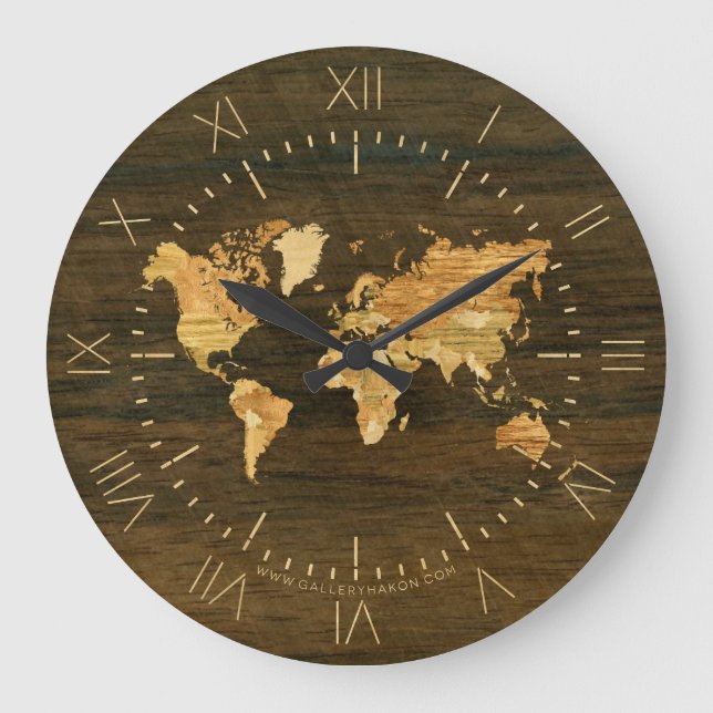 Reloj Redondo Grande Mapa mundial de madera (Anverso)
