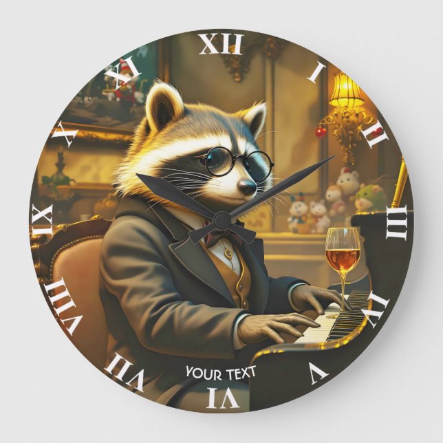 Reloj Redondo Grande Mapache De Piano Lindo Fantasía Tocando (Anverso)