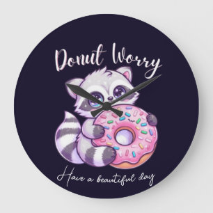 Reloj Redondo Grande Mapache Kawaii Donut No Te Preocupes