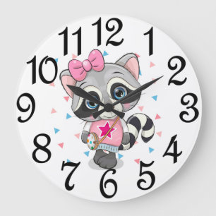 Reloj Redondo Grande  Mapache Niña 