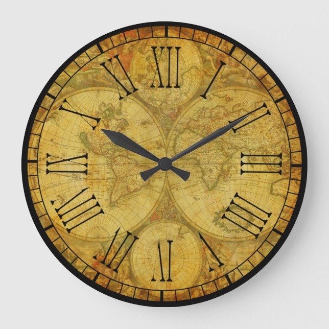 Reloj Redondo Grande Mapas del viejo mundo rústico y bello (Anverso)