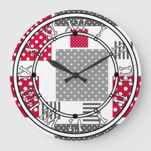 Reloj Redondo Grande Maqueteo de puntos de polka roja gris sobre fondo